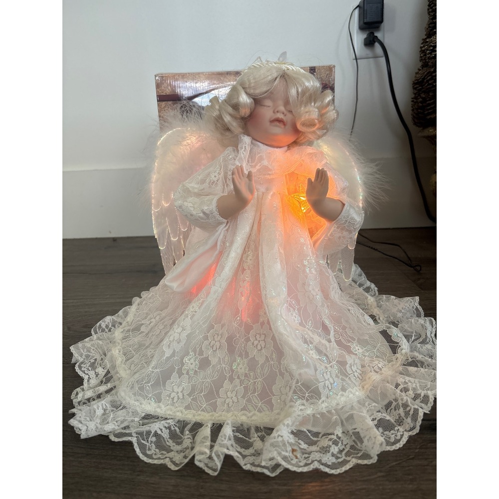 Vintage 80s Fiber Optic Angel Tree Topper Porcelain Lace Moveable Feather Wings